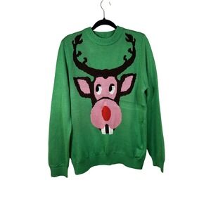 Tipsy Elves Ugly Christmas Sweater Reindeer Holiday Party Green Acrylic L